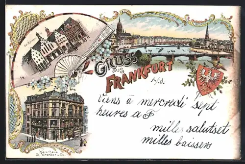 Lithographie Alt-Frankfurt, Goethes Geburtshaus, Warenhaus S. Wronker, Stadtpanorama