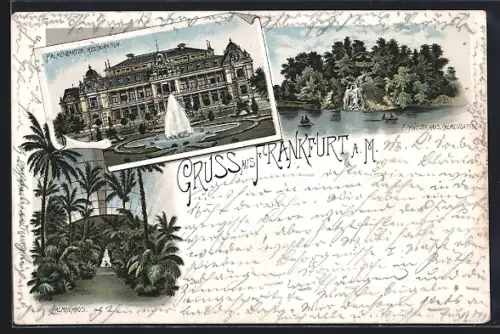 Lithographie Frankfurt-Westend, Palmengarten-Restaurant, Palmenhaus, Schweizer Haus