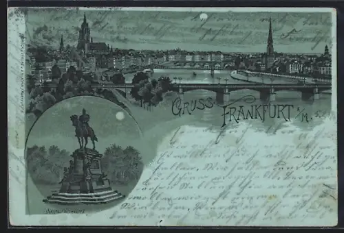Mondschein-Lithographie Frankfurt a. M., Mainbrücke, Dom, Denkmal Kaiser Wilhelm I.