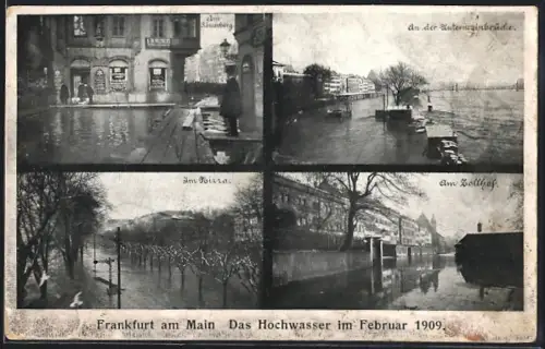 AK Frankfurt am Main, Hochwasser 1909, Untermainbrücke, Zollhof, Am Römerberg