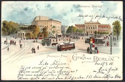 Lithographie Berlin, Potsdamer Platz, Potsdamer Bahnhof, Strassenbahnen