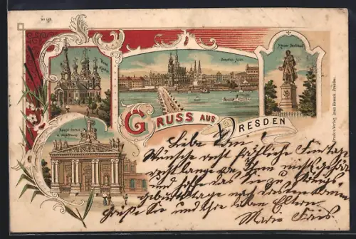 Lithographie Dresden, Russ. Kirche, Haupt-Portal der Akademie, Körner-Denkmal