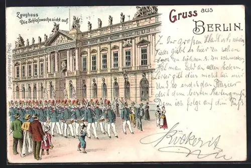 Lithographie Berlin, Zeughaus, Schlosswache zieht auf
