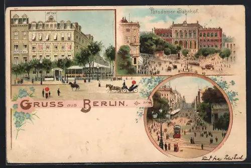 Lithographie Berlin, Cafe Josty, Potsdamer Bahnhof, Strassenbahn