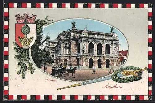AK Augsburg, Theater im Passepartout mit Wappen und Schwert