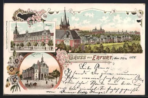 Lithographie Erfurt, Post, Rathaus, Stadtansicht