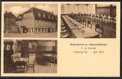 AK Freiberg /Sa., Gambrinus-Gaststätten, Innenansichten, F. A. Hieckel