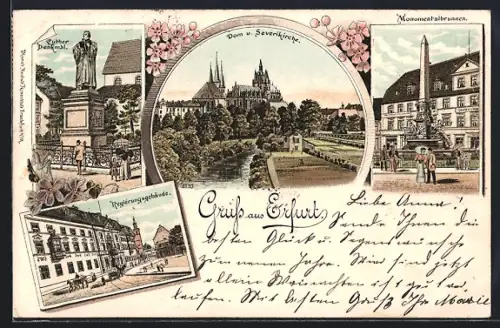 Lithographie Erfurt, Dom, Severikirche, Luther-Denkmal, Monumentalbrunnen, Regierungsgebäude