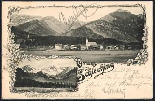 AK Schleching, Ortsansicht mit Berglandschaft