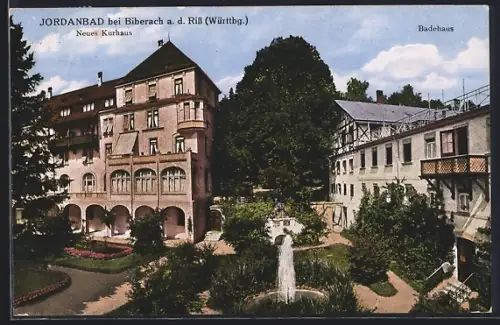 AK Jordanbad bei Biberach, Neues Kurhaus, Badehaus, Garten mit Brunnen