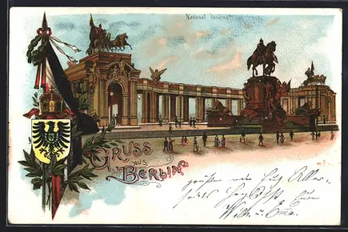 Lithographie Berlin, National-Denkmal, Reiterstandbild, Kolonnaden