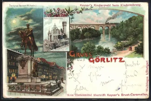 Lithographie Görlitz, Restaurant Landeskrone, Reiterstandbild Kaiser Wilhelm I., Eisenbahnviadukt
