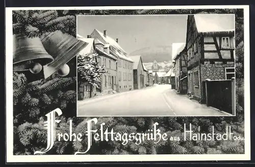 AK Hainstadt /Odenwald, Verschneite Ortsstrasse, Fachwerkhäuser