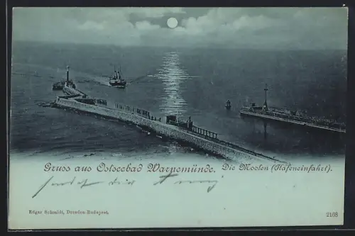 Mondschein-AK Warnemünde, Die Molen, Hafeneinfahrt