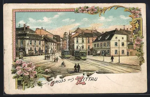 Lithographie Zittau, Strassenbahn und Passanten