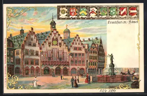 Lithographie Alt-Frankfurt, Römer mit Brunnen