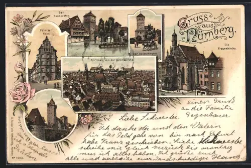 Lithographie Nürnberg, Henkersteg, Frauenkirche, Petersens Haus, Stadtansicht