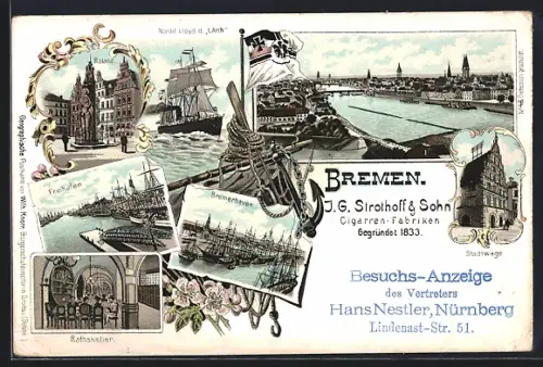 Lithographie Bremen, Roland, Stadtwage, Freihafen, Bremerhaven, Restaurant Ratskeller