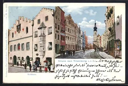 AK Trostberg a. d. Alz, Rathaus, Strassenszene, Kirchturm