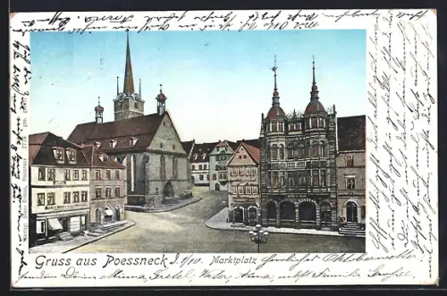Goldfenster-AK Pössneck, Marktplatz, Kirche, Rathaus