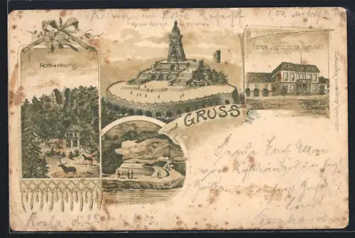 Lithographie Rothenburg / Kyffh., Kaiser Wilhelm-Denkmal, Fürstl. Jagdschloss Rathsfeld, Barbarossahöhle