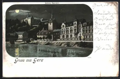AK Gera, Schloss Osterstein, Flussufer bei Nacht