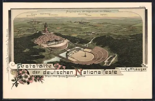 Lithographie Kyffhäuser, Feststätte der deutschen Nationalfeste, Denkmal, Festplatz, Übersicht