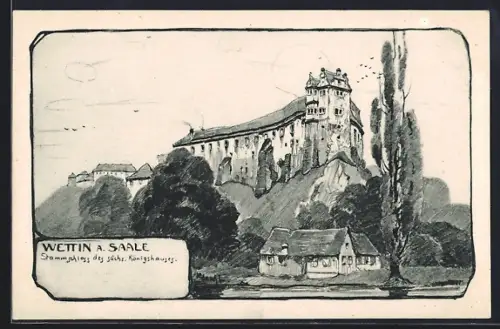 Künstler-AK Wettin a. Saale, Stammsitz des sächs. Königshauses