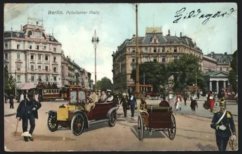 AK Berlin-Tiergarten, Potsdamer Platz mit Autos und Strassenbahnen
