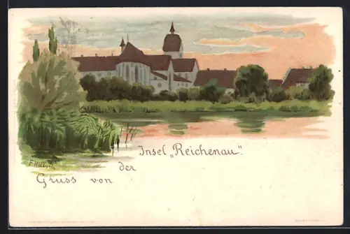 Lithographie Reichenau / Bodensee, Blick auf die Insel vom Wasser aus