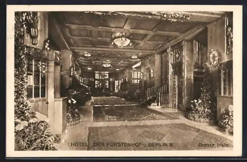 AK Berlin-Tiergarten, Hotel Der Fürstenhof am Potsdamer Platz, Grosse Halle