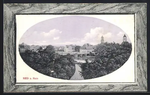 AK Frankfurt-Nied, Ortsansicht mit Brücke