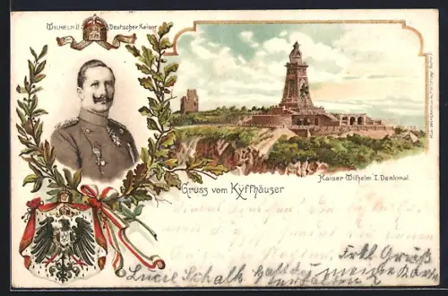 Lithographie Kyffhäuser, Kaiser Wilhelm I. Denkmal, Porträt Wilhelm II., Wappen