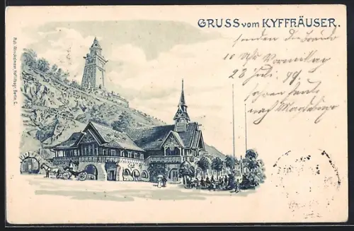 Lithographie Kyffhäuser, Gasthof mit Kutsche