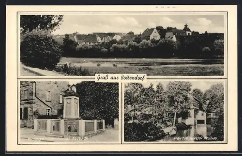 AK Bottendorf / Rossleben, Kriegerdenkmal 1914/18, Partie an der Mühle, Ortsansicht