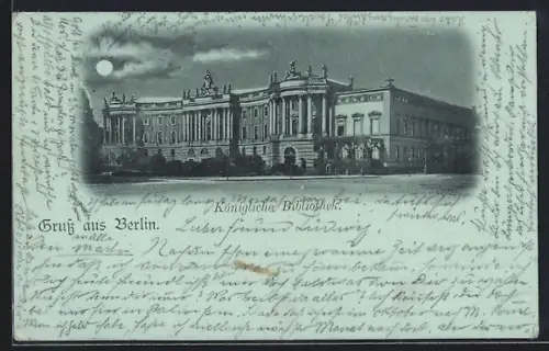 Mondschein-AK Berlin, Unter den Linden, Königliche Bibliothek im Vollmondlicht