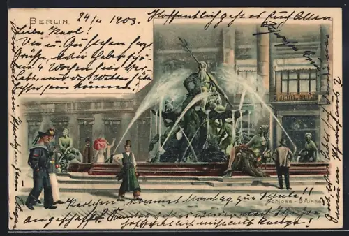 Lithographie Berlin, Partie am Schloss-Brunnen