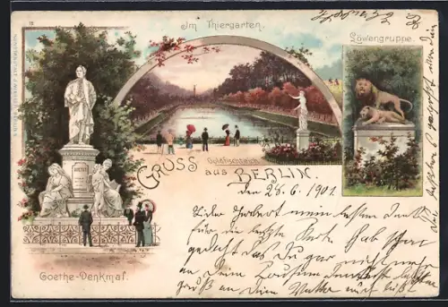 Lithographie Berlin-Tiergarten, Thiergarten, Goethe-Denkmal und Goldfischteich