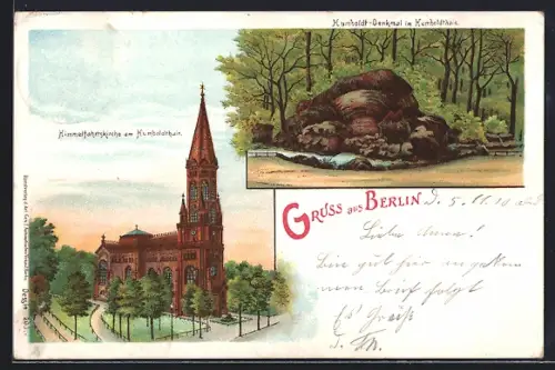 Lithographie Berlin-Wedding, Himmelfahrtskirche und Humboldt-Denkmal im Humboldthain