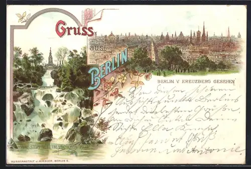 Lithographie Berlin, Stadtansicht von Kreuzberg gesehen