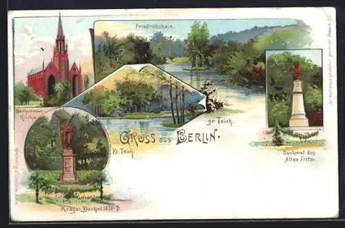 Lithographie Berlin-Friedrichshain, Krieger-Denkmal 1870-71, Denkmal des Alten Fritz, Bethelkirche