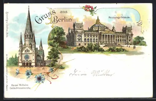Lithographie Berlin, Reichstags-Gebäude, Kaiser Wilhelm Gedächtniskirche
