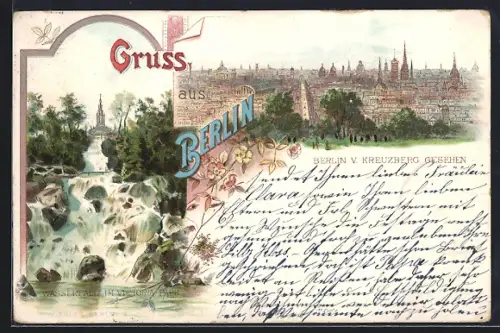 Vorläufer-Lithographie Berlin, 1895, Stadtansicht v. Kreuzberg gesehen