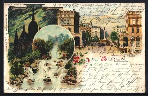 Lithographie Berlin, Hallesches Tor, Wasserfall im Viktoriapark