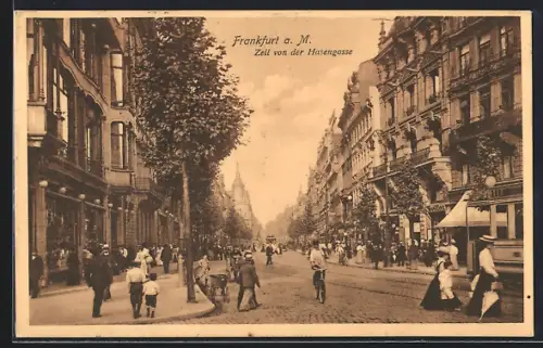 AK Frankfurt a. M., Strassenblick in die Zeil von der Hasengasse aus