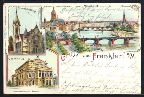 Lithographie Frankfurt a /M., Mainansicht, Neue Peterskirche, Opernhaus