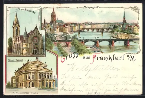 Lithographie Frankfurt a /M., Mainansicht, Neue Peterskirche, Opernhaus