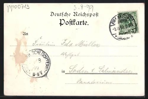 Lithographie Frankfurt a. M., Eschenheimer Thor, Alte Brücke, Gutenberg-Denkmal