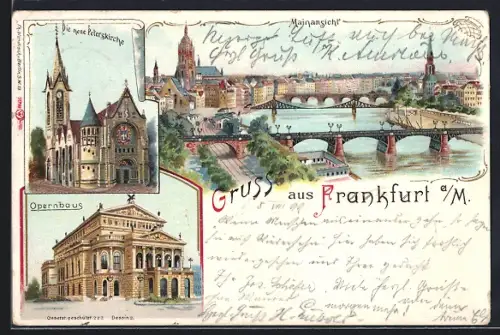 Lithographie Frankfurt a /M., Mainansicht, Opernhaus, neue Peterskirche