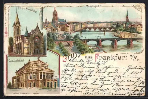 Lithographie Frankfurt a /M., Mainansicht, Opernhaus, Neue Peterskirche